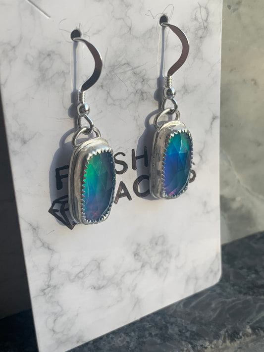 Blue Aurora Opal Rose Cut Rectangular Dangle Silver Earrings