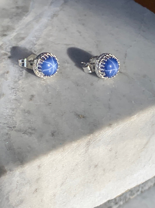 Blue Star Sapphire 6mm Round Stud Earrings