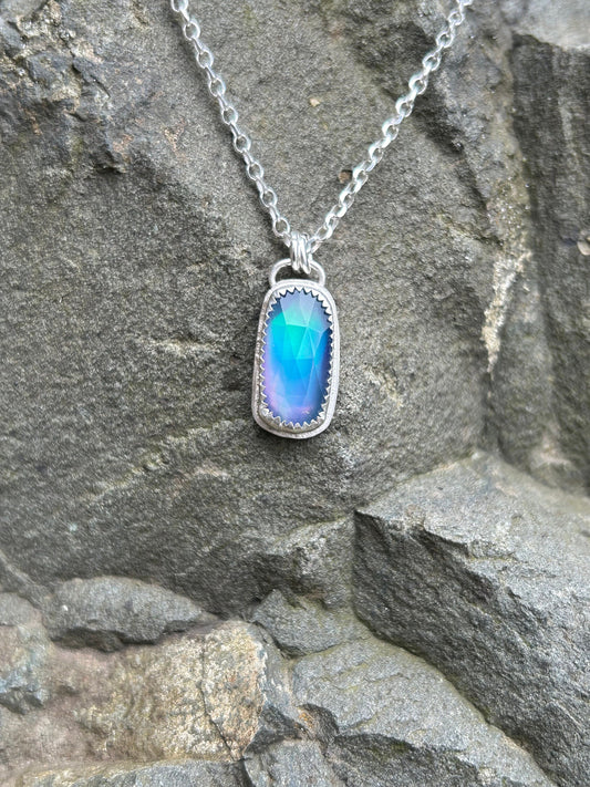Blue Aurora Opal Rose Cut Rectangular Silver Pendant Necklace